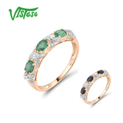 VISTOSO Pure 14K 585 Rose Gold Ring For Women Sparkling Diamond Emerald Blue Sapphire Delicate Wedding Party Gifts Fine Jewelry