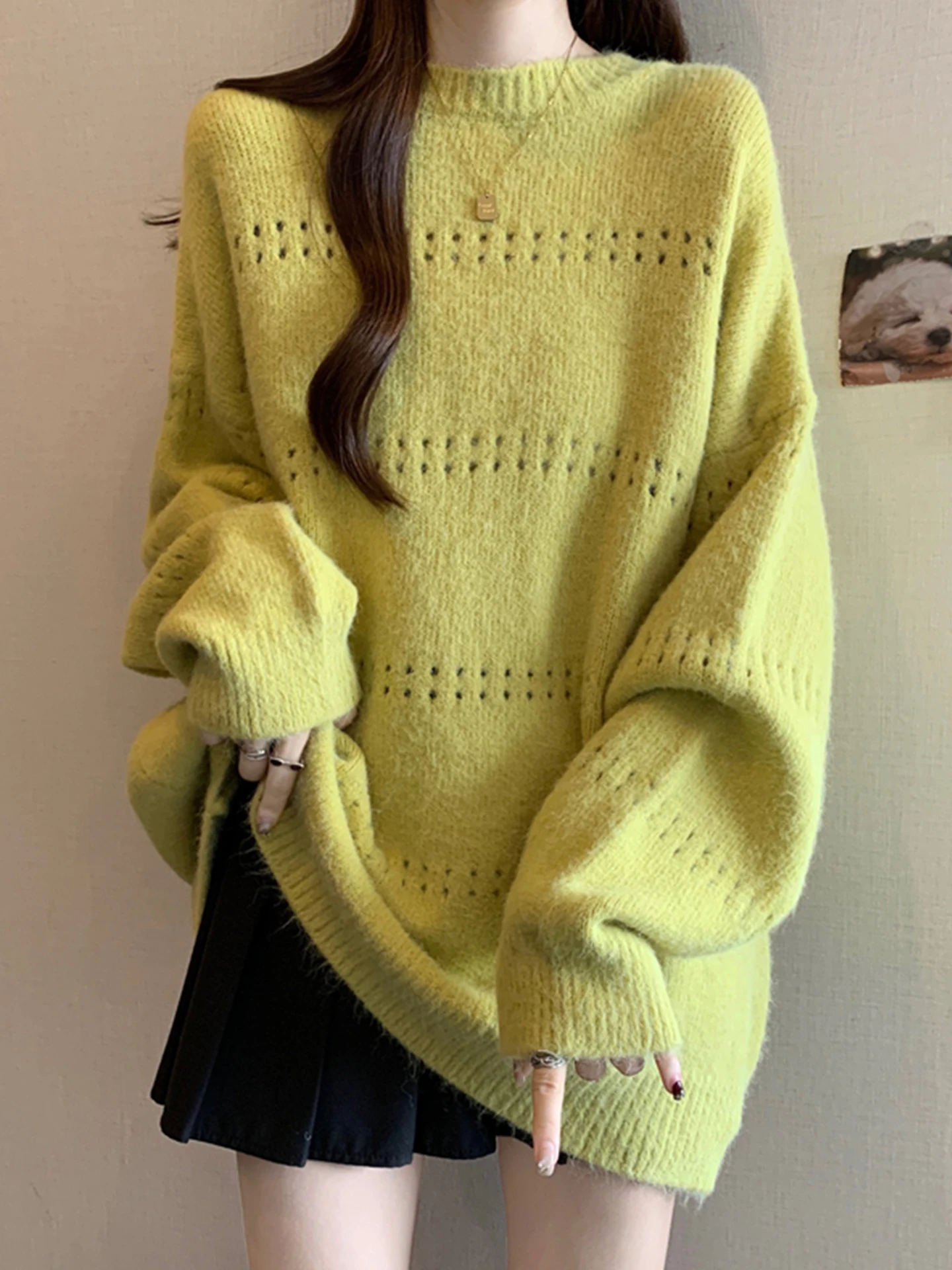 

Женский свободный мягкий вязаный свитер с длинными рукавами, ажурный, осенне-зимний, модный, больших размеров, удобный, средней длины