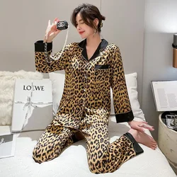 Leopard Print Women's Pajama Satin Chiffon Long-sleeved Cardigan Suit Sexy Home Service New Pajamas Set for Women pijama mujer