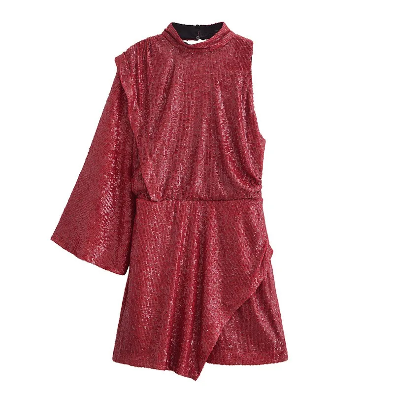 Minivestido rojo de fiesta de Navidad para mujer, ropa de invierno con lentejuelas y cuello en V, diseño de temperamento, novedad de 2024