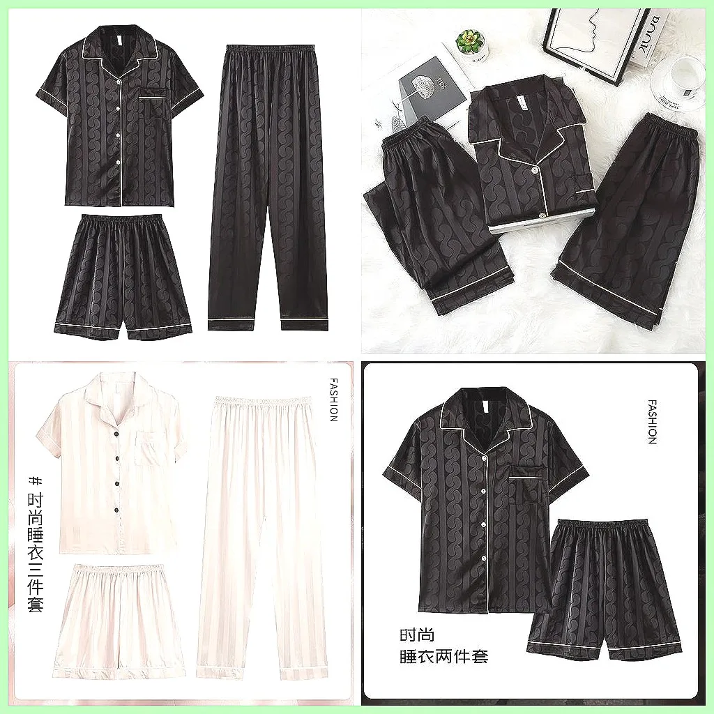 

3-Piece Men's Pajama Set, Short Sleeve Shirt & Shorts, Summer Sleepwear Home Clothes