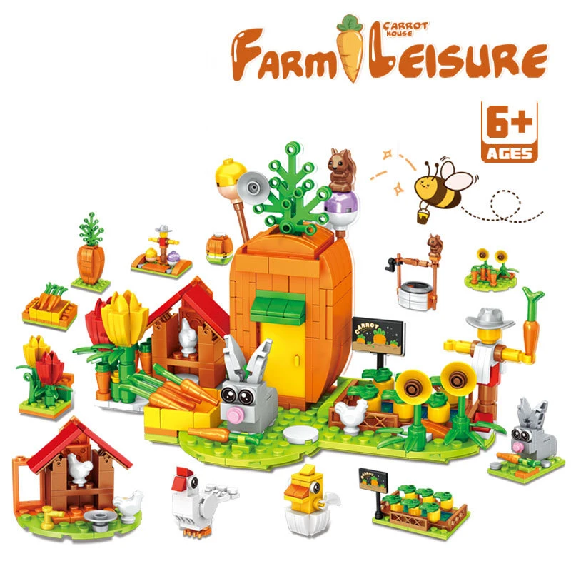 

Конструктор 12 в 1 «Кроличья ферма»: Сборная модель дома для кроликов с морковью, развивающая игрушка-конструктор из кирпичиков, декор для дома, подарки для детей