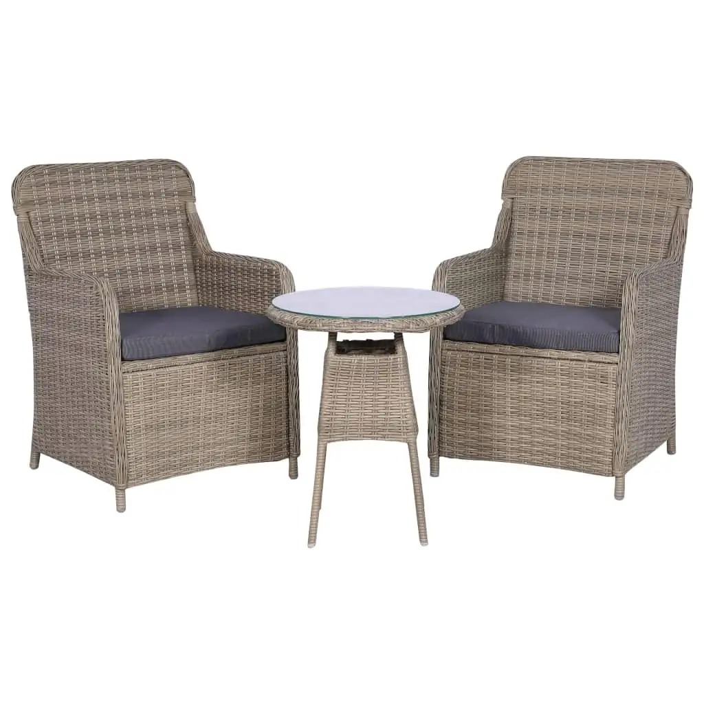 3-Piece Brown Poly Rattan Bistro Set with Cushions - Stylish Outdoor Patio Furniture