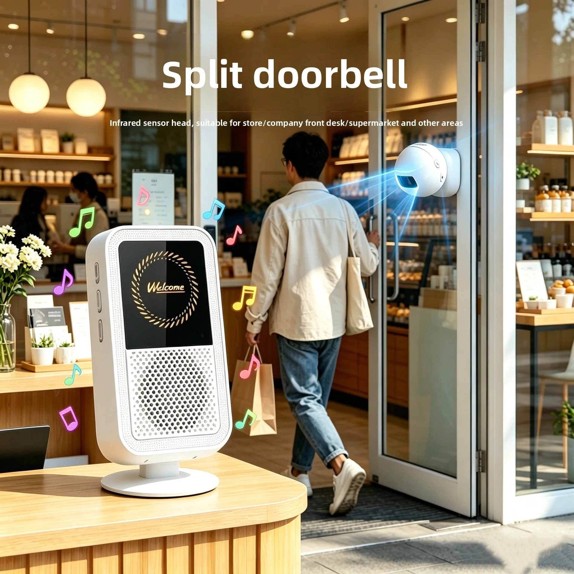 Split Type Welcome Chime Doorbell, Type-C Charging Magnetic Hanging PIR Motion Sensor Wireless Store Entry Bell