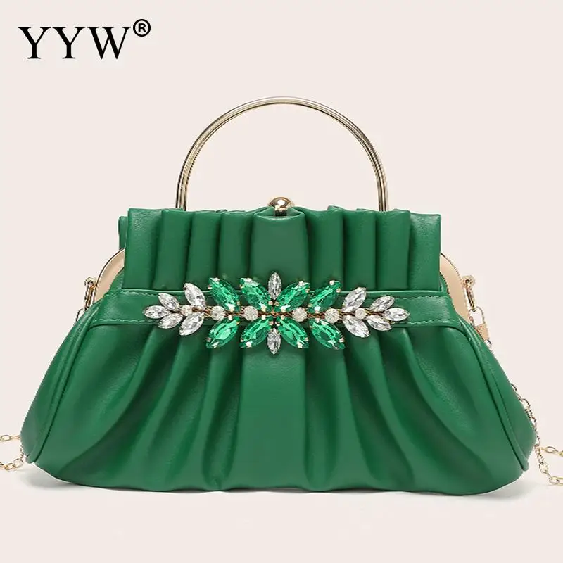 PU Leather Pleated Clutch Handbag Crystal Rhinestone Silk Tote Bag Top Handle Women\'s Diamond Wedding Party Bags Shoulder Purse