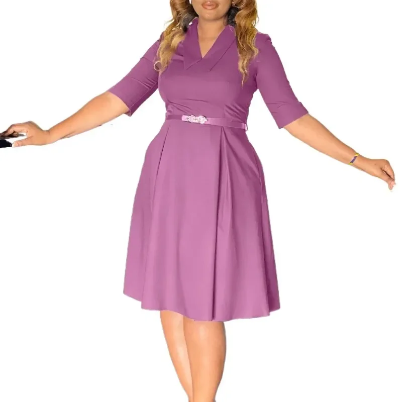 فساتين مكتب أفريقية أنيقة للنساء على شكل حرف v وحزام نصف كم وخصر متوسط الساق ملابس عمل رسمية ملابس ميدي