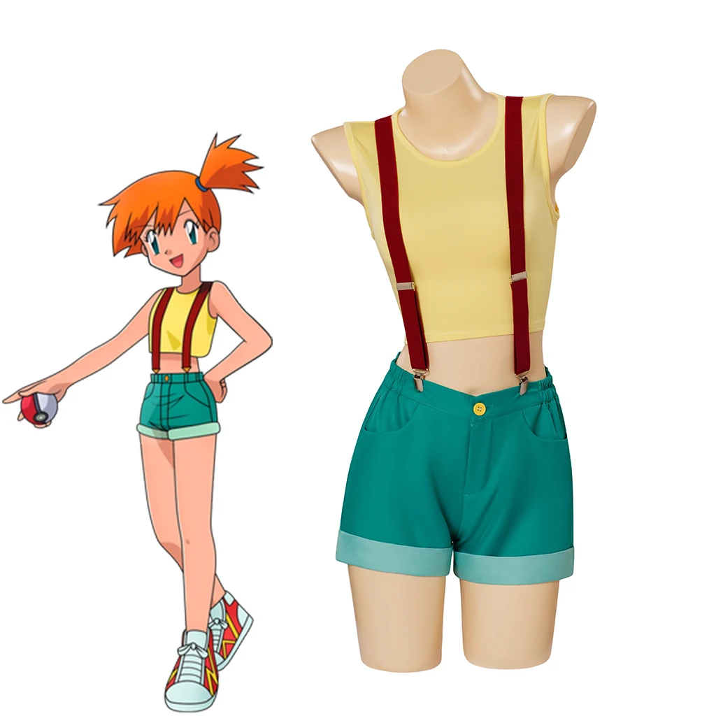 Disfraz de Anime de Misty para mujer, Top corto Sexy, pantalones cortos Con tirantes, traje para Halloween, Carnaval, fiesta, ropa de calle, uniforme de cómic