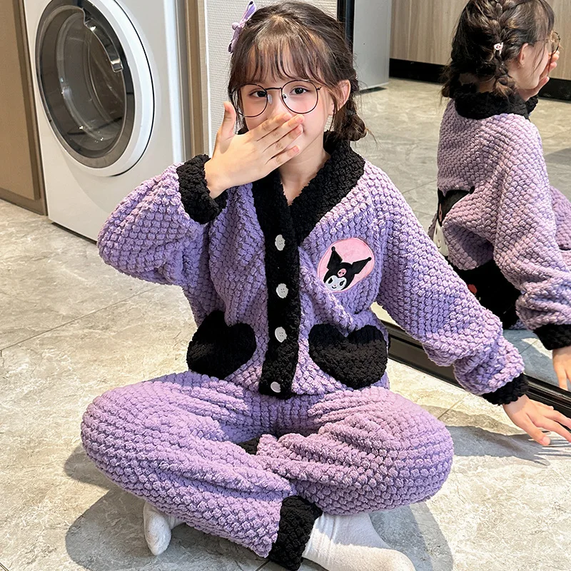 Hello Kitty Sanrio ชุดนอนเด็ก Kuromi Flannel Rose กํามะหยี่ฤดูใบไม้ร่วงฤดูหนาว Thicken Flannel สาว Keep WARM Lounge เสื้อผ้าชุด