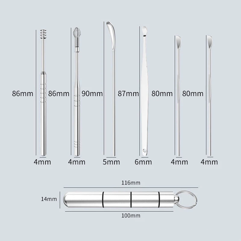 Aço inoxidável Ear Scoop Set para crianças e adultos, Alloy Bottle, 6 pcs