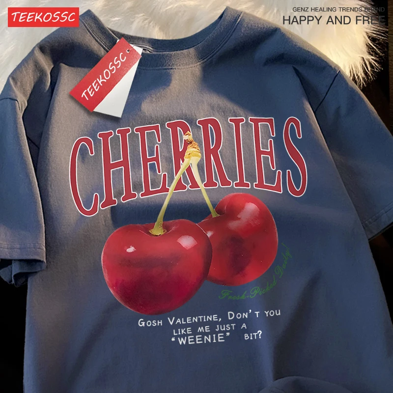 Wiśnie modne owoce mężczyźni kobiety ubrania wzór odzież z okrągłym dekoltem wzór luźne topy prostota Crewneck para t-shirtów