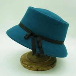 Formal Wide Brim Blue Green Fedora Hat Ribbon Bow Band 100% Wool Felt Bucket Hat Ladies Wedding Church Hat Porkpie Trilby Hat