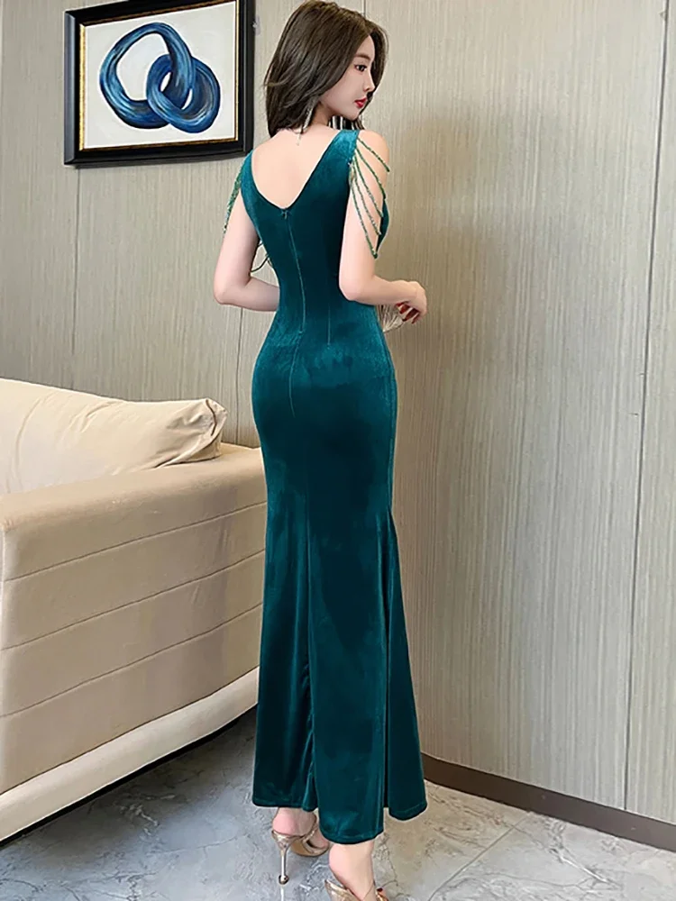 Women Elegant Ruffle Slit Dress 2025 Korean Fashion Bodycon Dresses Spring Autumn Green Velvet Chic Tassel Sling Sexy Long Dress