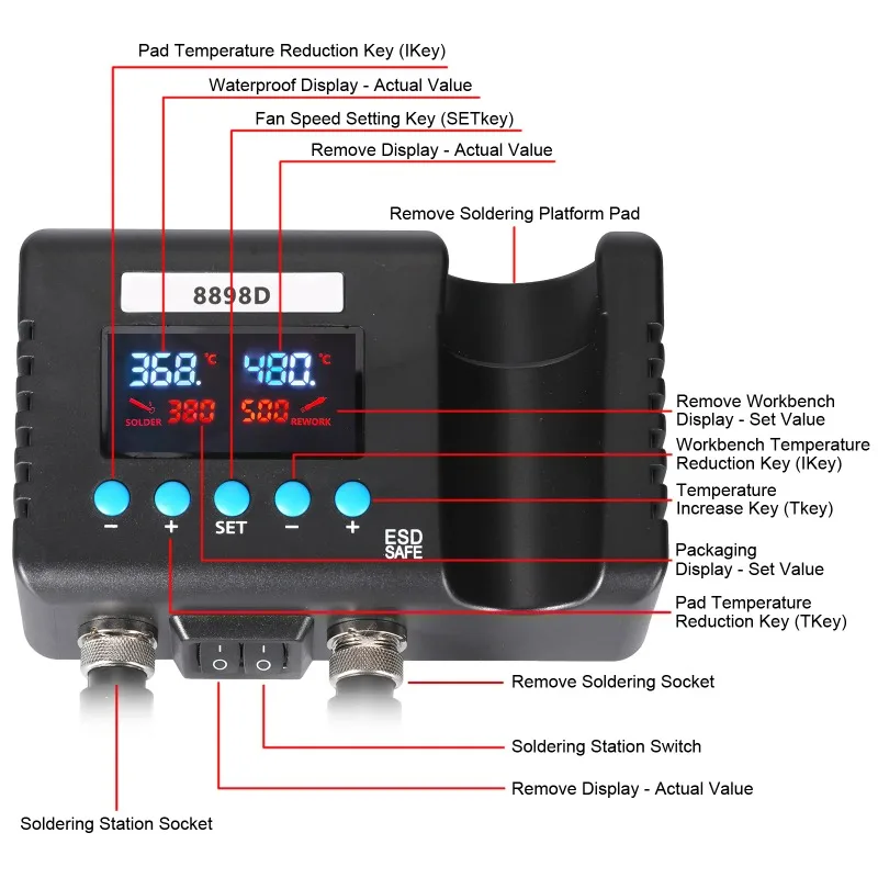 

【Premium】8898 8898D Soldering Station Portable Digital Hot Air Rework Solder Station Hot Air Blower Heat Desoldering Repair