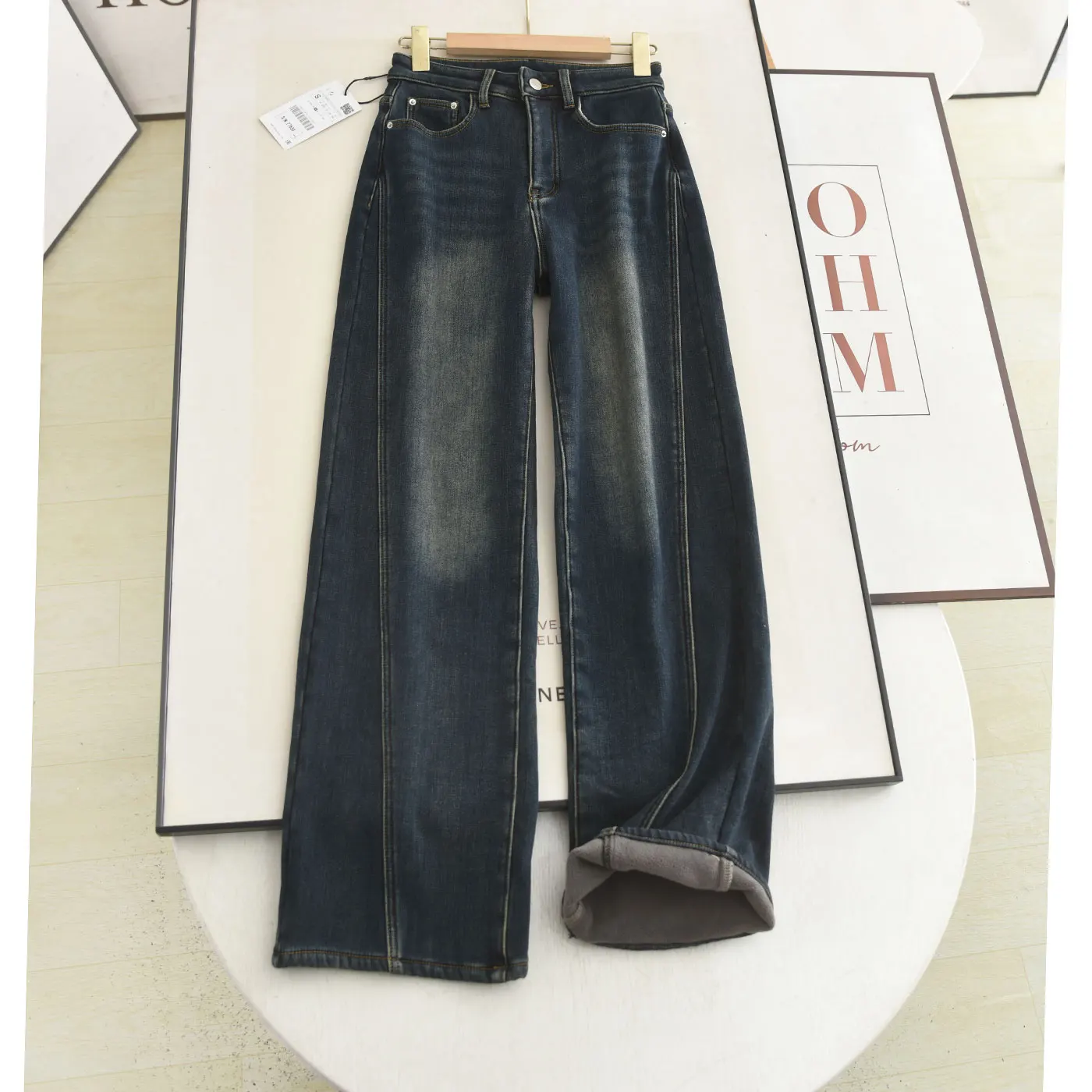 

Облегающие брюки с высокой талией и широкими штанинами на подкладке, джинсы прямого кроя, длинные брюки для женщин, зимние повседневные брюки