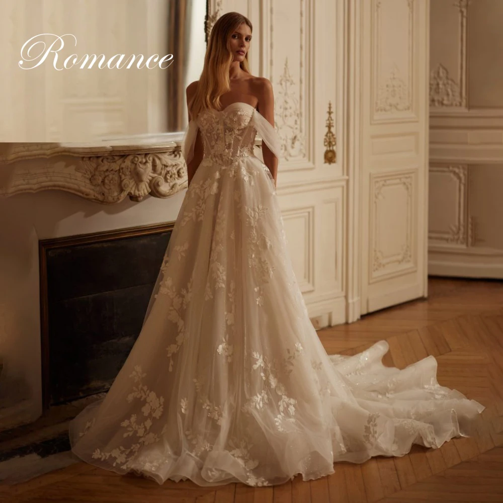 

Exquisite Off The Shoulder A-Line Wedding Dresses Sweetheart Appliques Lace Backless Pleat Tulle Vestidos De Novia Customized