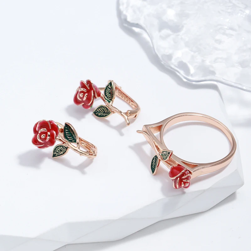 Kinel New Creative Rose Earrings For Women 585 Rose Gold Color Red Enamel Fashion Fine Jewelry Party Cute Vintage Drop Earrings