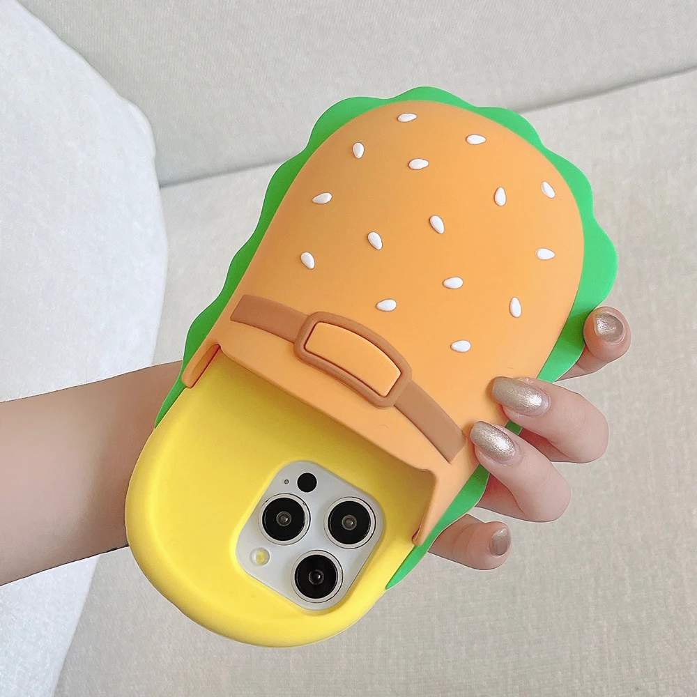 3D Cute Burger Slippers Funny Phone Case for iPhone 13 14 15 16 Pro Max Hamburger Soft Silicone Shockproof Cover Shell