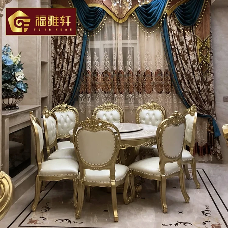 Mesa redonda europea de mármol de jade de hielo blanco, mesa de comedor y silla dorada, combinación de mesa de comedor de madera maciza de lujo europea
