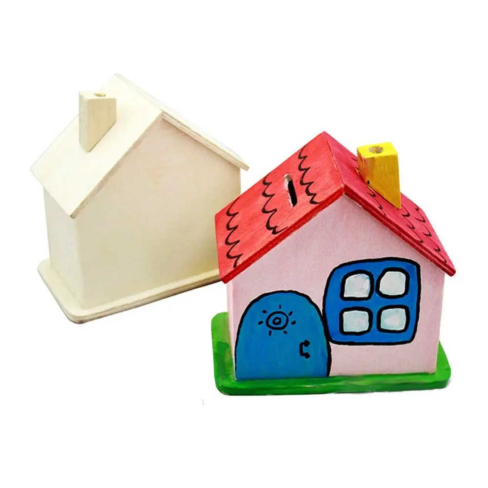 Wooden Small House Piggy Bank Cartoon Handmade DIY DIY Painted Storage Jar Unfinished White Embryo House Mold Children's Toy