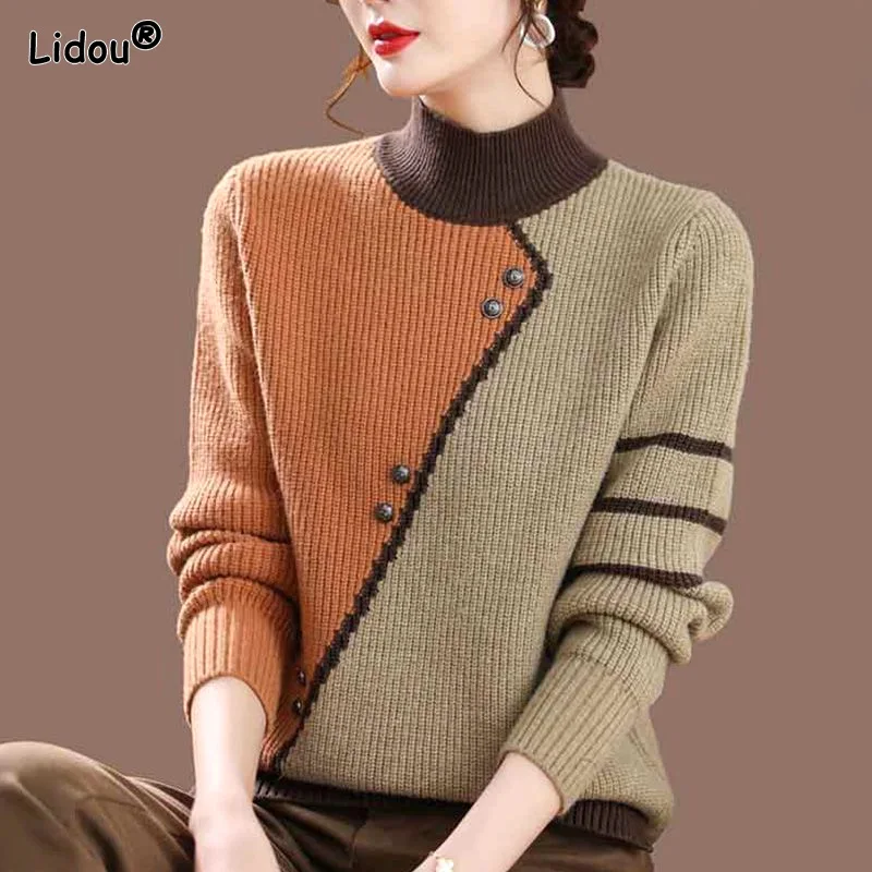 Asymmetrical Striped Button Knitted Splicing Sweaters Vintage Temperament Autumn Winter Thick Women\'s Clothing Elegant Keep Warm