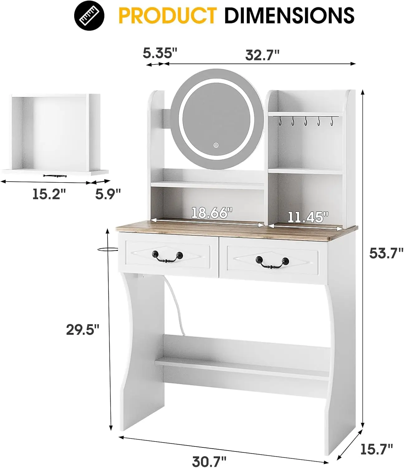 Vabches Vanity Desk with Mirror and Lights, Makeup Vanity Desk with Charging Station, 3 Lighting Modes & Adjustable Brightness