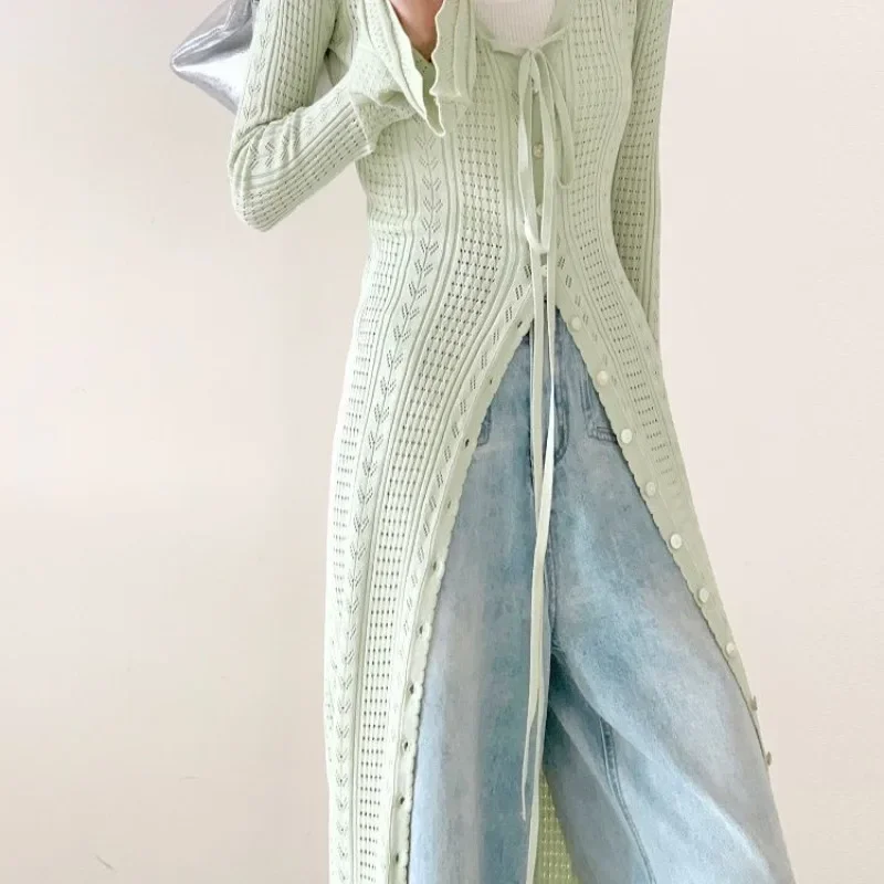 2025 Thin Light Green V-neck Lace Up Cardigan Coat Women New Slim Fit Tops Mujer Y2k Long Sleeve Hollow Out Tee Shirt Dress