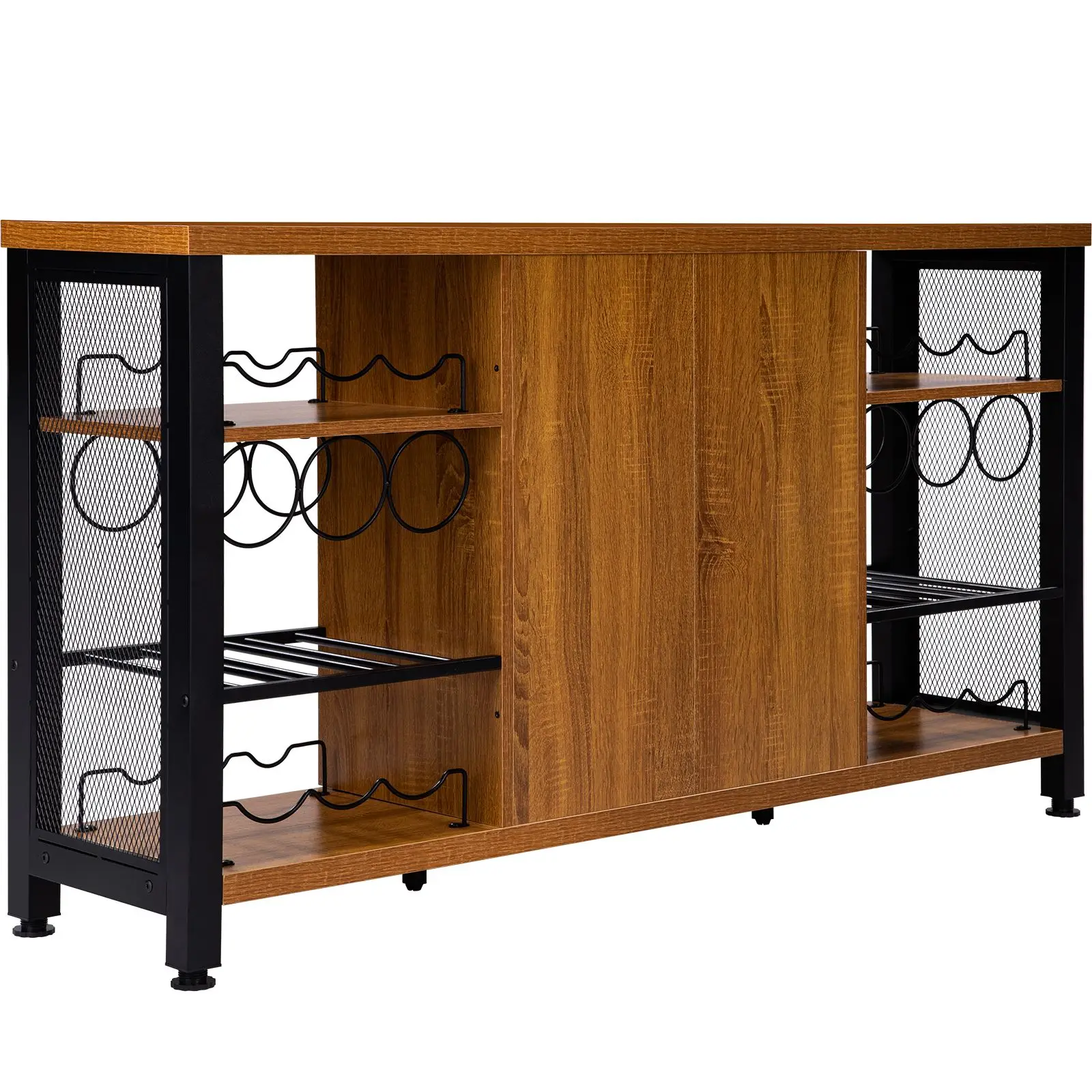 Industrial Bar Cabinet, 55 Inch Rustic Oak, 330 LBS Wine Table for Liquor with Wine Racks (24 Bottles), Glass Holders and Metal