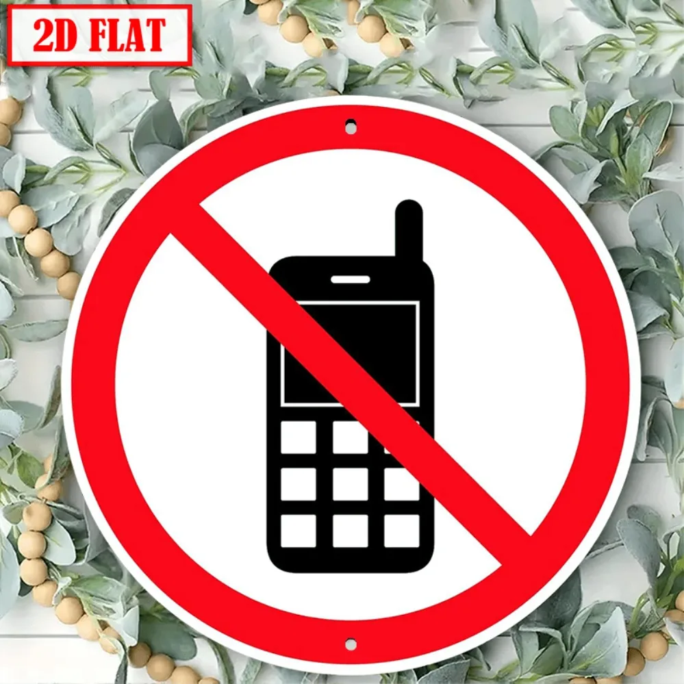 2D Metal Sign, No Cell Phone Sign Classic Style Aluminum Metal Round 8x8 Inch for Indoor Outdoor Use