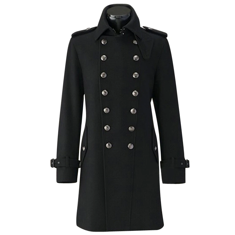 Vintage Woolen Coat Men's Winter Double-breasted Mid-length Overcoat for Cosplay Stage Performance