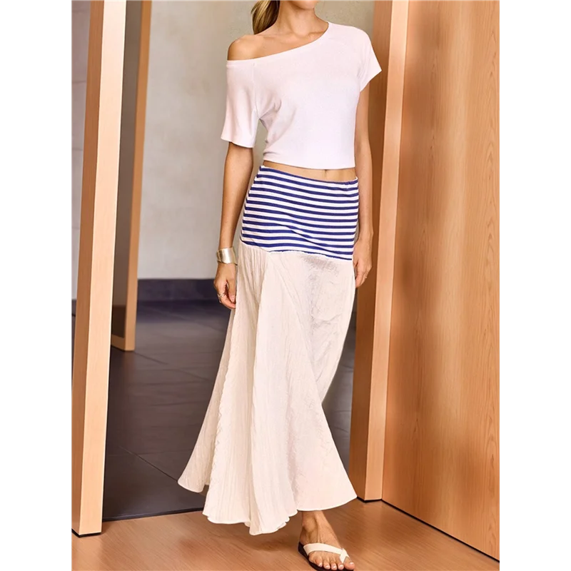 

FX-Women's Contrasting Striped Pleated Flowing Maxi Skirt High Waist Maxi Skirt White S