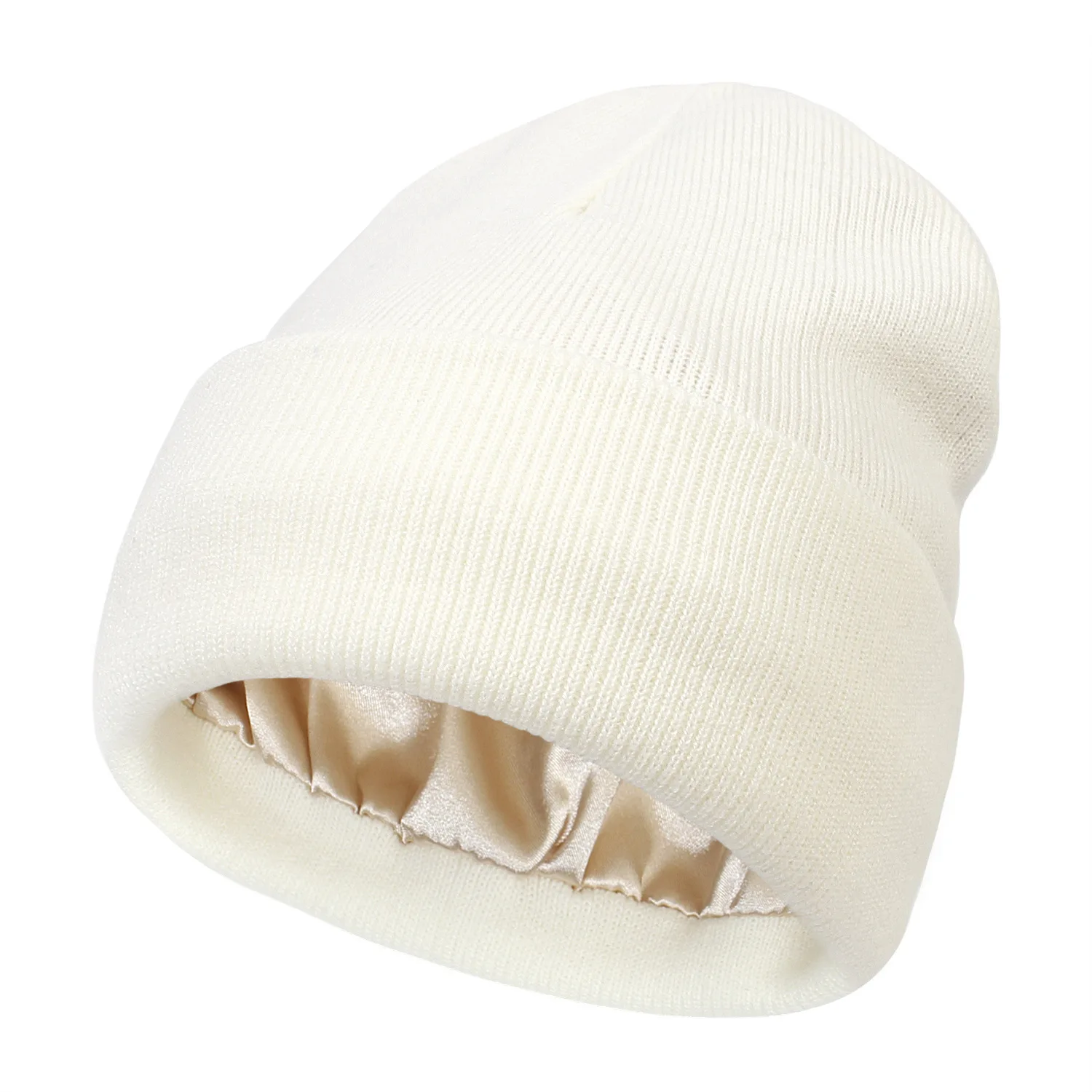 Unisex Satin Lined Anti Static Beanie Hat For Women Winter Silk Lining Slouchy Warm Cuffed Skullies 2Layer Hair Cover Sleep Cap