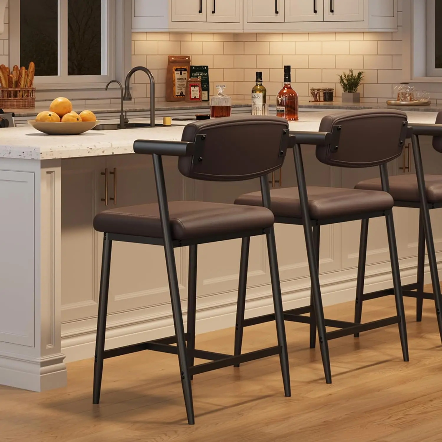 2PCS 26" Counter Height Barstools Set with Back & Footrest Modern Metal Bar Stools Wide Seat for Counter Bar, Kitchen Island