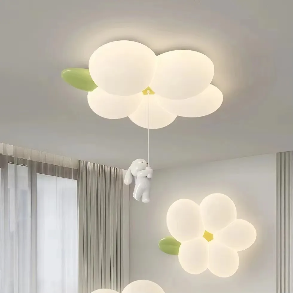 

Romantic Flower LED Ceiling Lamps with Hanging Rabbit White PE Sconces Children's Bedroom Ceiling Light Kids Girl Boy Room Decor