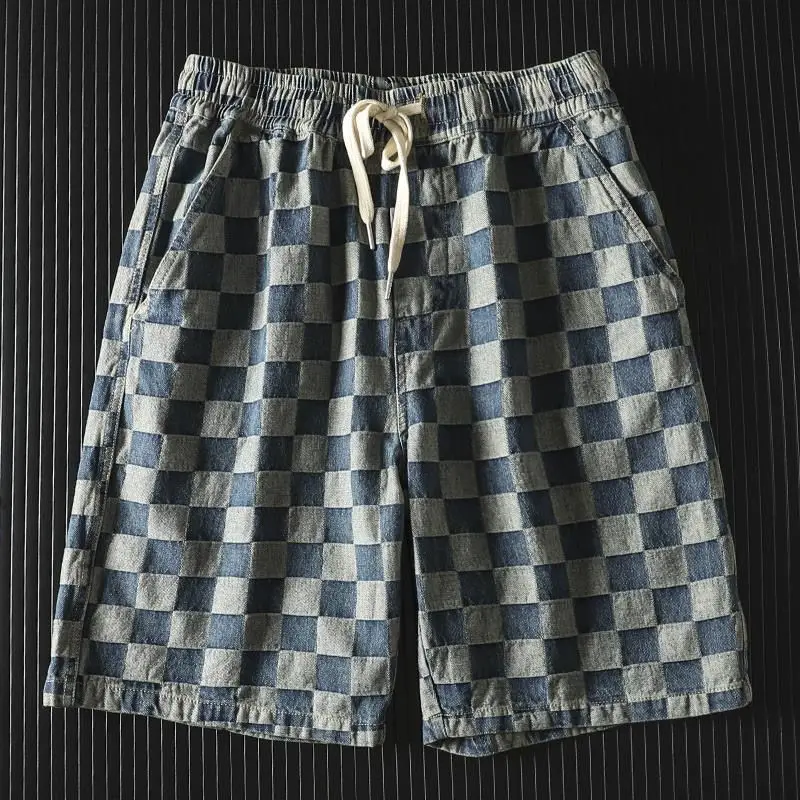 Trendy Brand Fashion Summer New Men\'s Elastic Waist Chessboard Grid Drawstring Pockets Young Style Loose Straight Casual Shorts