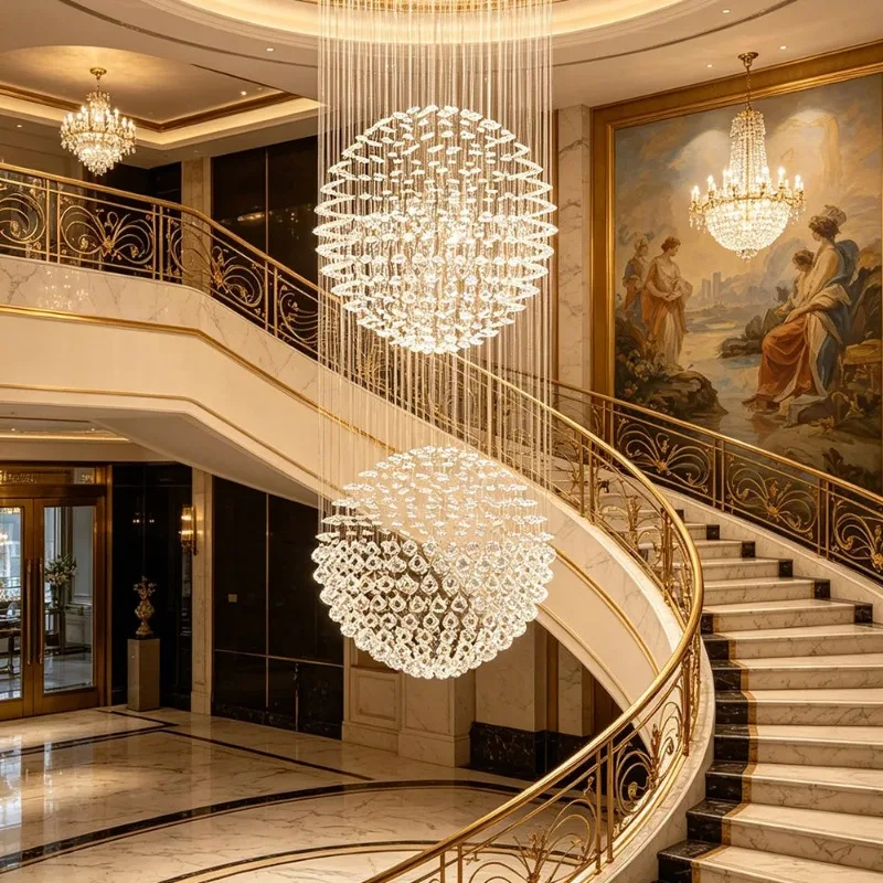 Modern Double Spherical K9 Crystal Chandelier Luxury Pendant Light For Villa Staircase Hotel Lobby Living Room Home Decor 2026
