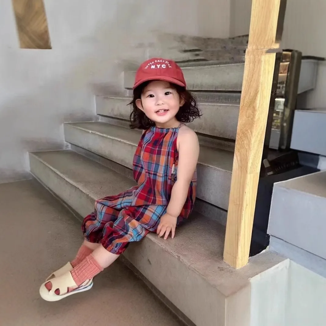Somenie Viral  Kids Outfit, Cute Plaid Strap Jumpsuit with 3D Rabbit Tail, Trendy Summer Children Clothing for Little Girls