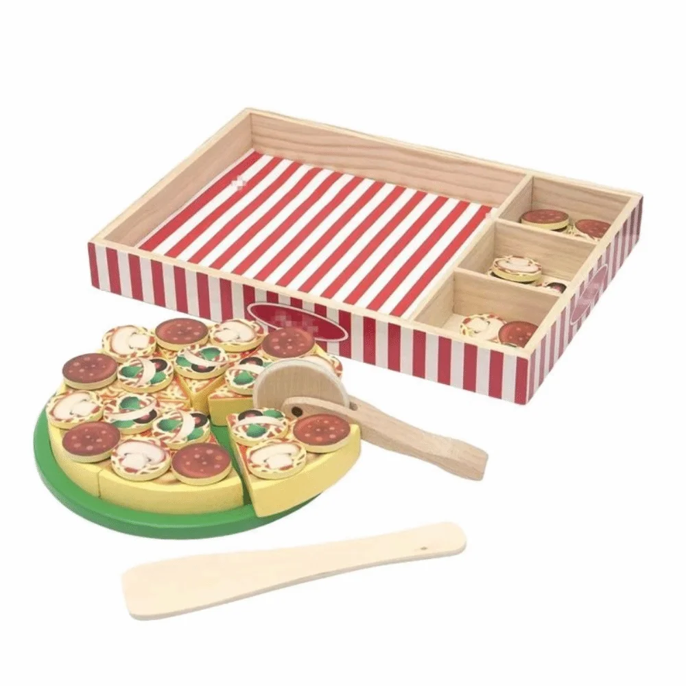 Zabawka edukacyjna - symulacja pizzy, gra w udawanie, zestaw zabawek kuchennych z owocami i warzywami, drewniany domek do zabawy.