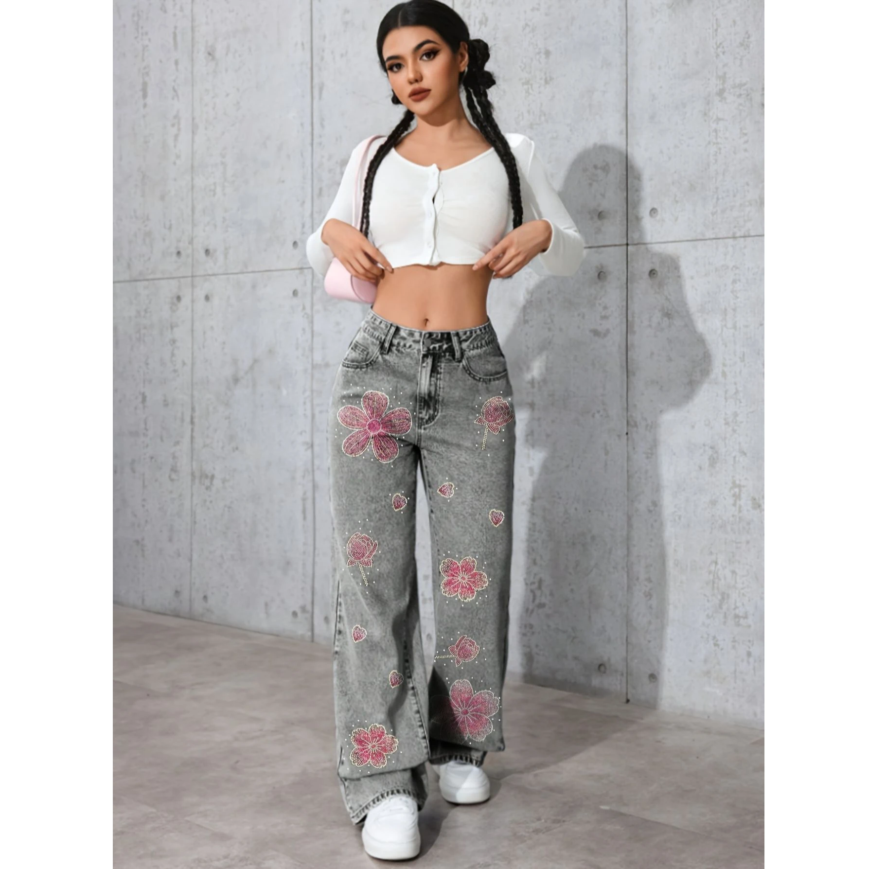 Trendy Women Jeans Soft Stretch Fabric Pants Sparkling Diamond Decor Casual Fit Basic