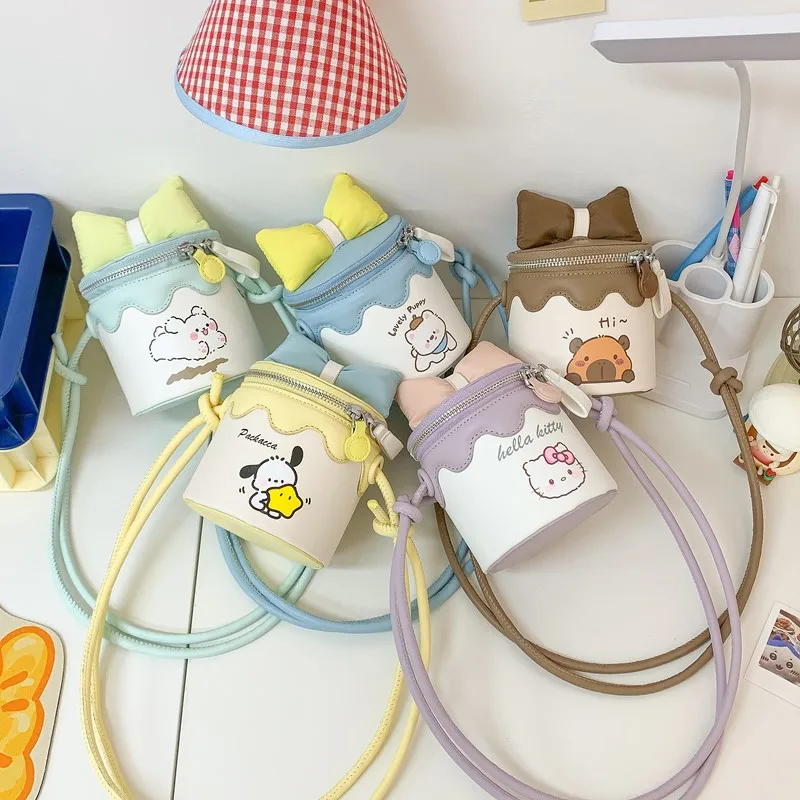 

2025 New Miniso Hello Kitty Mini Crossbody Bag Kawaii Chain Coin Purse Girl Bow Bucket Cartoon Bag Children'S Birthday Gift