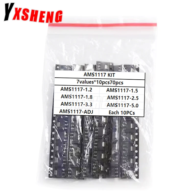 70PCS/lot AMS1117 Voltage Regulator Kit  smd 1.2V/1.5V/1.8V/2.5V/3.3V/5.0V/ADJ 1117 7 Values Each 10PCS Pack Sot-223 kit