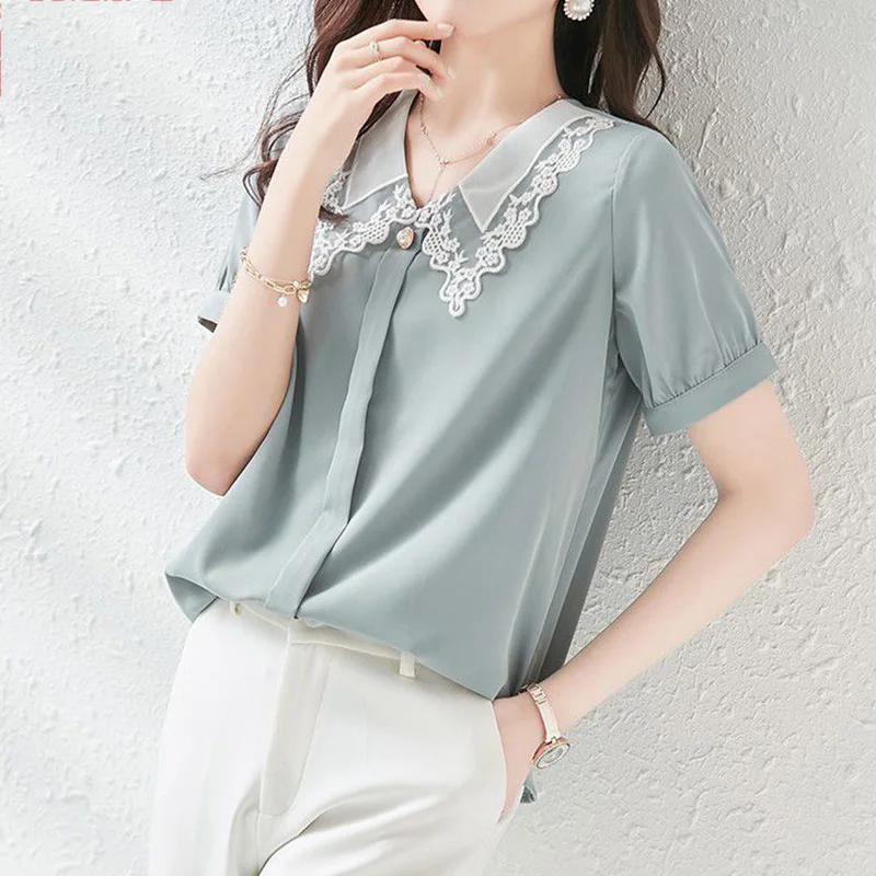 Summer New Peter Pan Collar Patchwork Lace Blouse Spring Autumn Women's Clothing Nail Bead Short Sleeve Blue Pullover Shirt