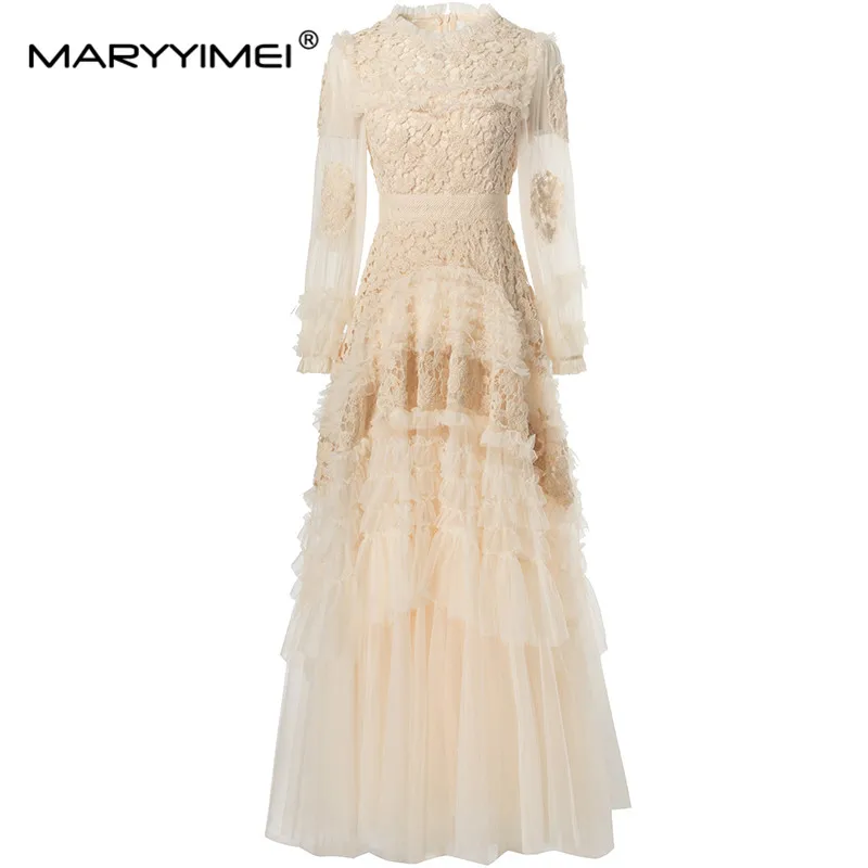 

MARYYIMEI Mesh Splicing Hook Flower Hollow Summer Dress Women's Lantern Sleeved Elegant Evening S-4XL Dresses