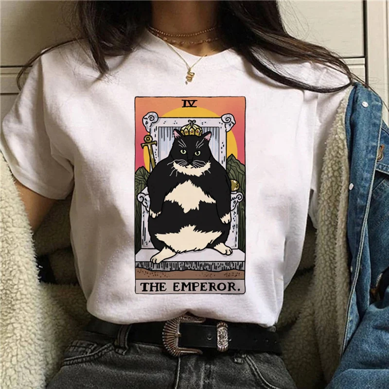 T-shirt manches courtes col rond femme, estival et mignon, à la mode, Kawaii Cat Tarot