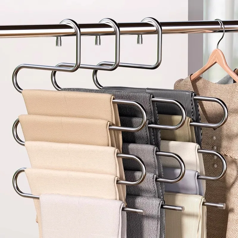 1/2pcs Storage  Stainless Steel Pants  Multi-layer Anti Slip S-shaped Pants Wardrobe Storage Pants Rack