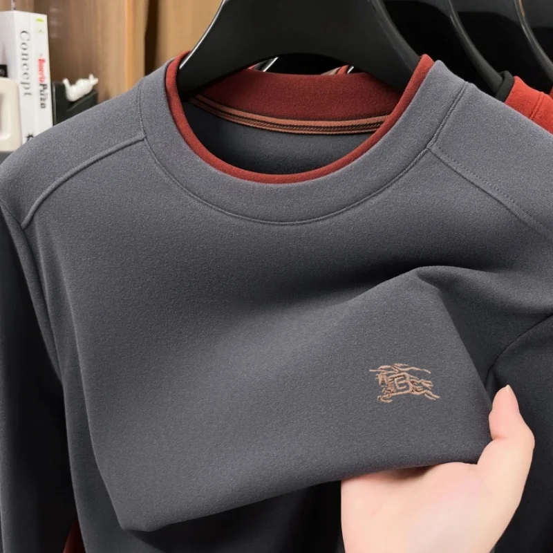 Premium brand long sleeve T-shirt designer new velvet warm pony embroidery men pullover fashion double-layer round neck sweater
