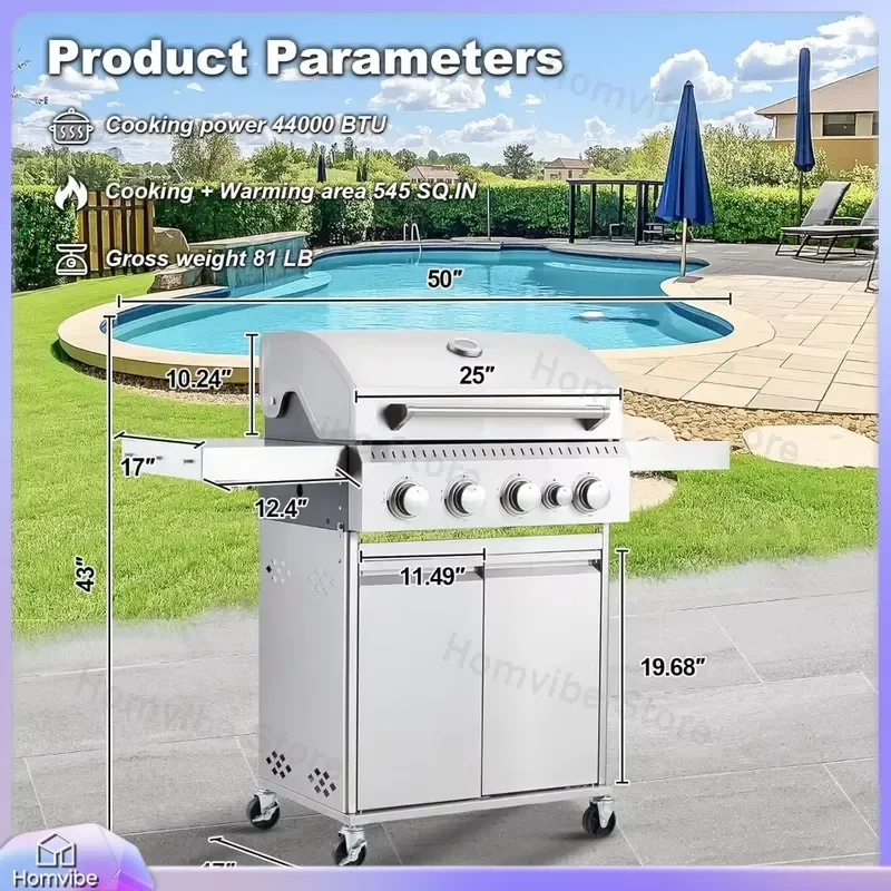 Stainless Steel 4 Burner Propane Gas Grill BBQ with Cast Iron Grates Side Burner Stainless Steel Hood Outdoor Patio Barbecue