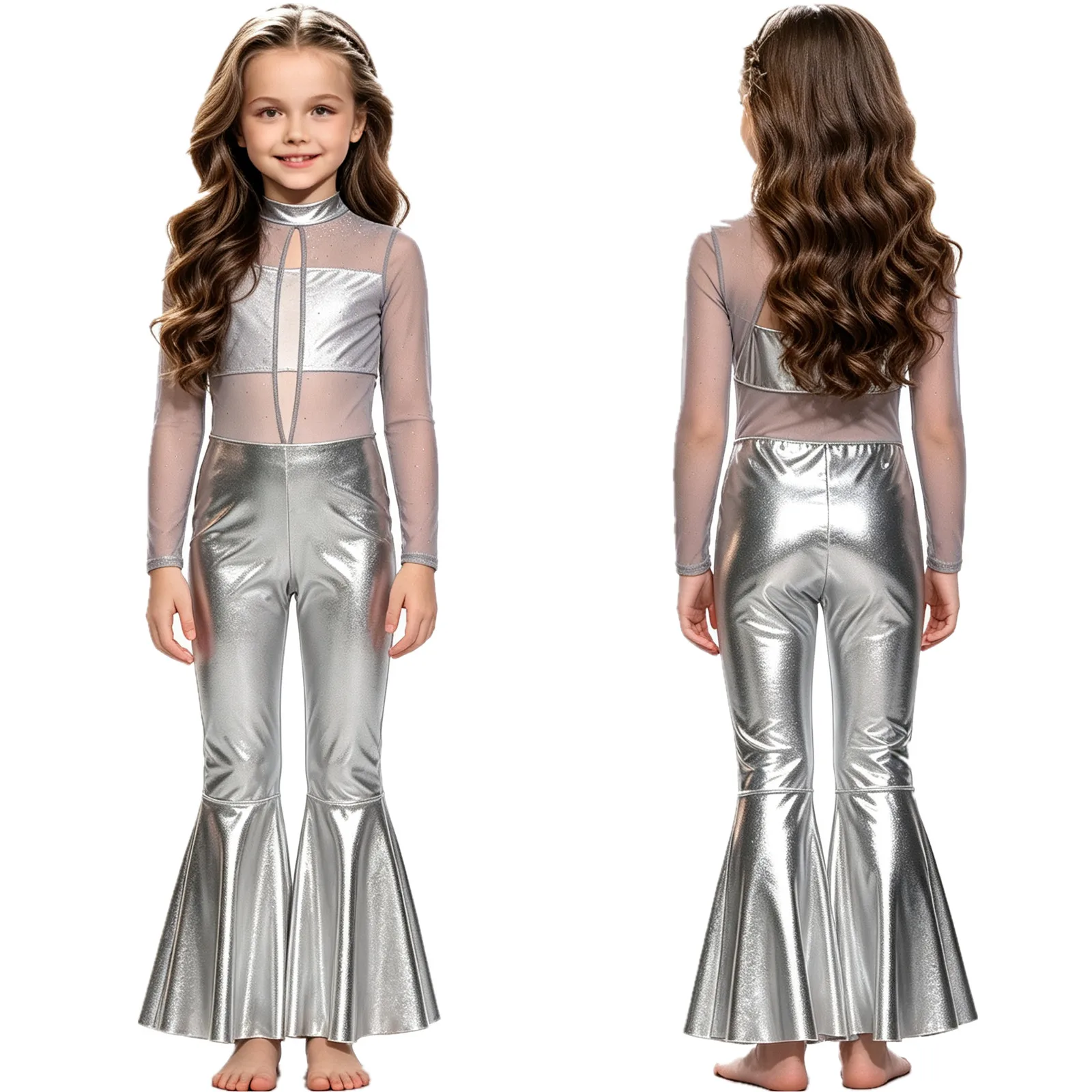 Children Girls Metallic Shiny 70s Disco Jazz Dance Performance Jumpsuit Long Sleeve Rhinestone Mesh Flared Bodysuit Dancewear