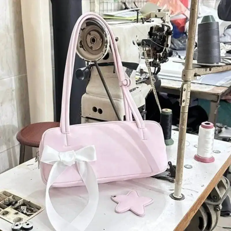 Japanese Style Sweet Cute Bow Shoulder Bags Women Leather Large Capacity Crossbody Ladies Square Casual Gentle Underarm Bag