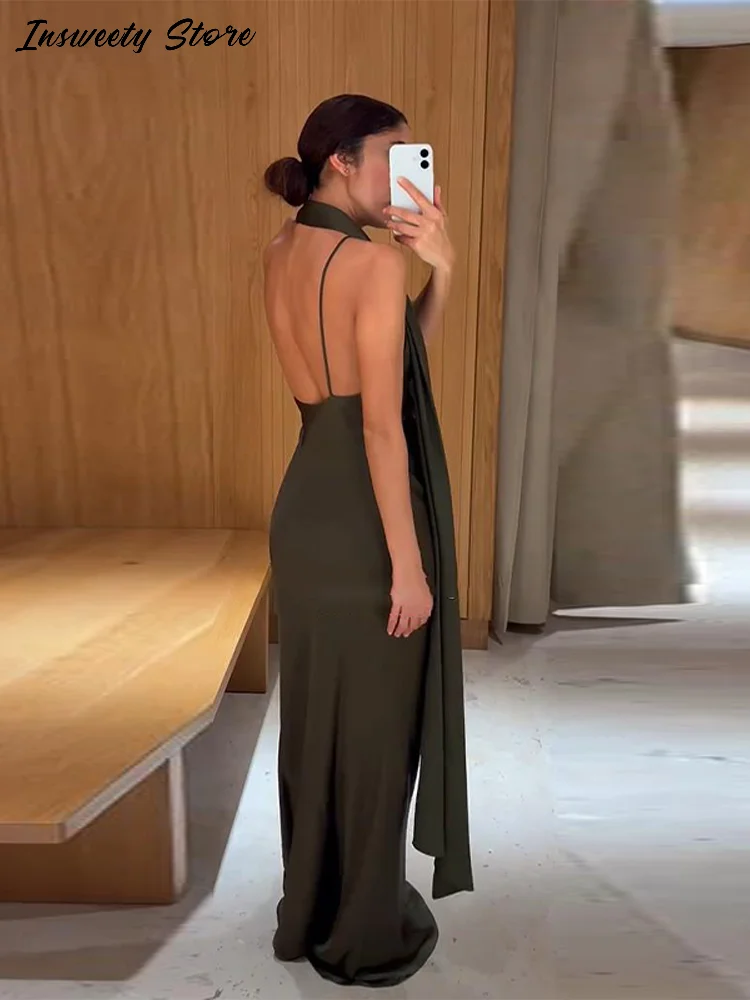Seksowna satynowa sukienka na ramiączkach, damska, bez rękawów, z odkrytymi plecami, dopasowana, długa do podłogi, nowa kolekcja wiosna 2026, elegancka suknia wieczorowa.