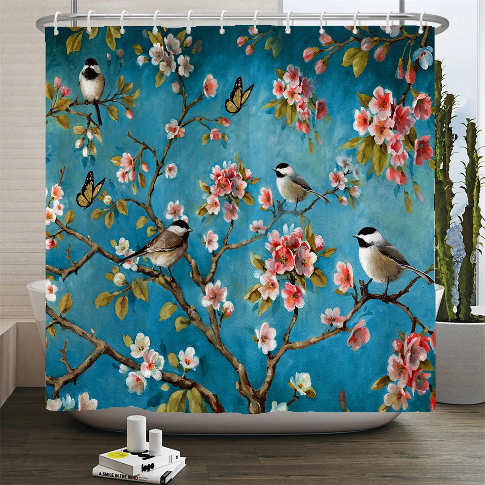 Chinese Birds Gradient Shower Curtains for Bathroom Landscape Plants Green Waterproof Fabric Polyester Bath Decor 180 x 180cm